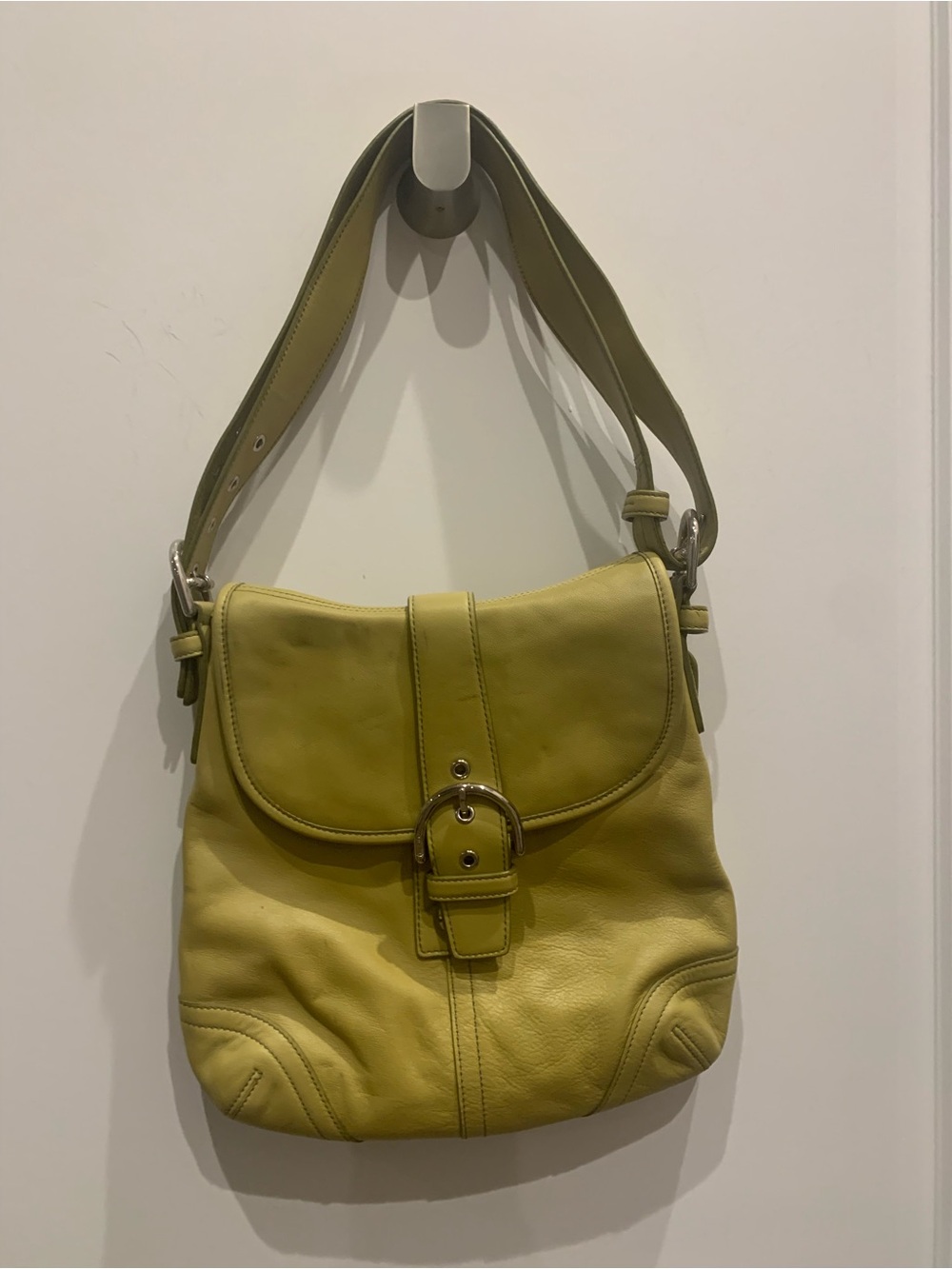 Vintage Coach Lime Green Leather Shoulder Bag with Buckle Detail